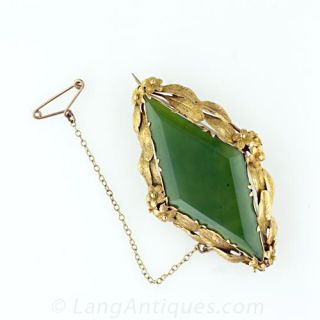 Antique Nephrite Jade Brooch & Earrings Suite