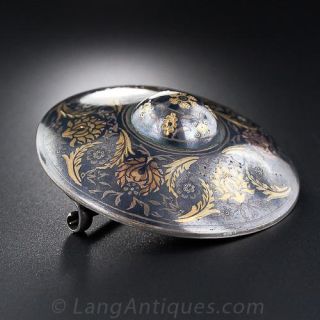 Antique Niello Locket Brooch w/Peacock Feather
