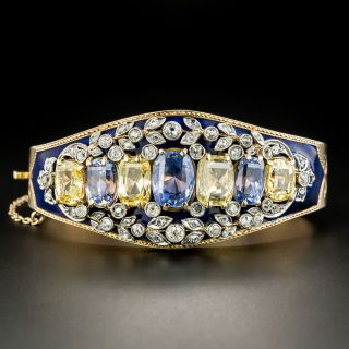 Antique No-Heat Blue and Yellow Sapphire and Diamond Cobalt Enamel Bangle Bracelet  - 2