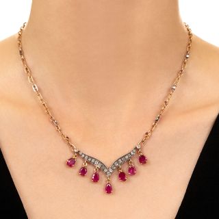 Antique No-Heat Burmese Ruby and Diamond Fringe Necklace, French GIA