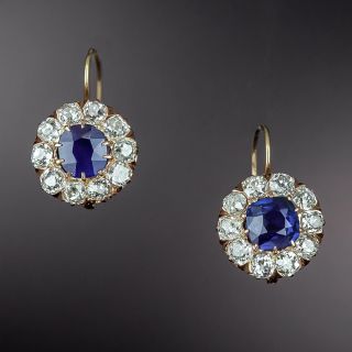 Antique No-Heat Sapphire and Diamond Cluster Earrings - 1