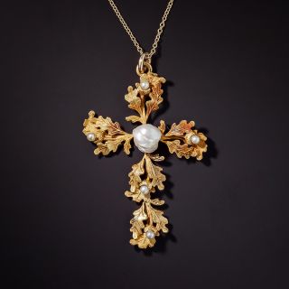 Antique Oak Leaf and Acorn Pearl Cross - 1