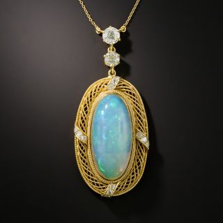 Antique Opal and Diamond Pendant Necklace