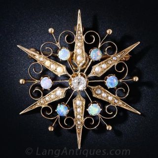 Antique Opal and Diamond Starburst  Brooch