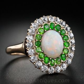 Antique Opal, Demantoid Garnet and Diamond Ring