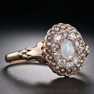 Antique Opal , Diamond and Seed Pearl Ring