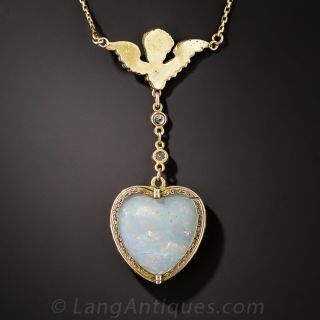 Antique Opal Heart and Angel Necklace