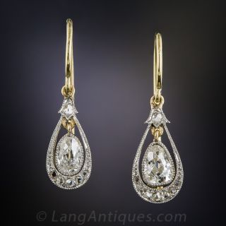 Antique Pear Shape Diamond Drop Earrings