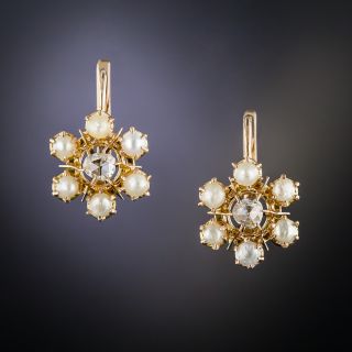 Antique Pearl And Rose-Cut Diamond Flower Earrings - 1