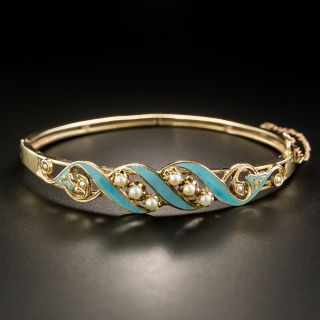 Antique Pearl and Turquoise Enamel Bangle Bracelet - 1