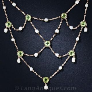 Antique Peridot and Freshwater Pearl Bib Necklace