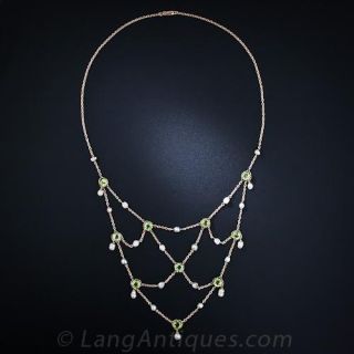 Antique Peridot and Freshwater Pearl Bib Necklace