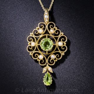 Antique Peridot and Pearl Pendant Necklace