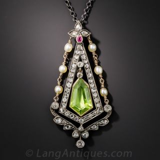 Antique Peridot, Diamond and Natural Pearl Pendant