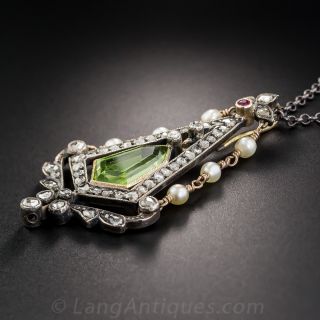 Antique Peridot, Diamond and Natural Pearl Pendant
