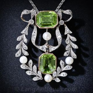 Antique Peridot,  Diamond and Pearl Necklace