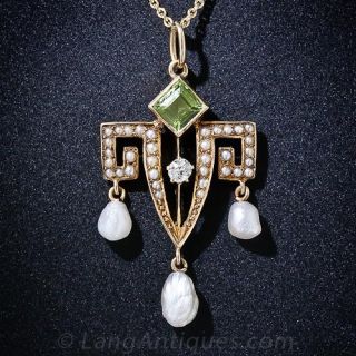Antique Peridot, Pearl and Diamond Pendant