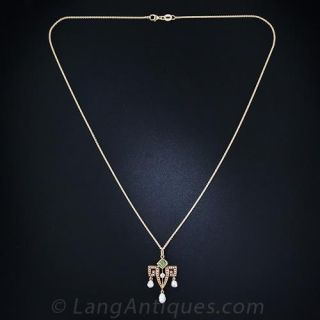 Antique Peridot, Pearl and Diamond Pendant