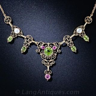 Antique Peridot, Pink Tourmaline and Natural Pearl Necklace