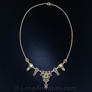 Antique Peridot, Pink Tourmaline and Natural Pearl Necklace