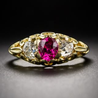 Antique Pink Sapphire and Diamond English Carved Ring