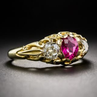 Antique Pink Sapphire and Diamond English Carved Ring