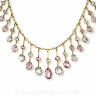 Antique Pink Topaz and Aquamarine Fringe Necklace - 1