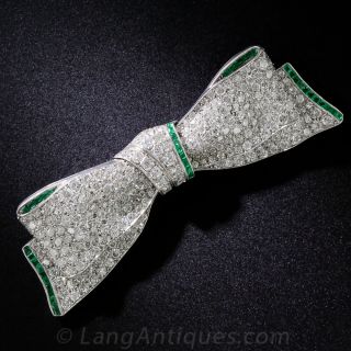 Antique Platinum, Diamond and Emerald Bow Pin