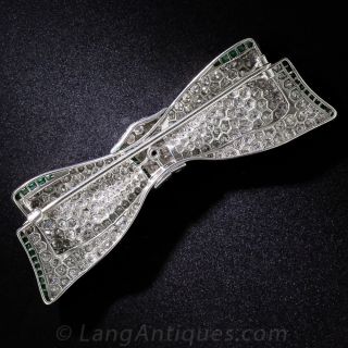 Antique Platinum, Diamond and Emerald Bow Pin