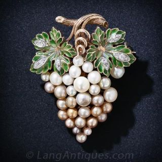 Antique Plique-a-Jour Enamel and Natural Pearl Grape Cluster Brooch - 1