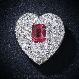 Antique Red Spinel and Diamond Heart Pendant