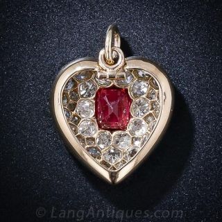 Antique Red Spinel and Diamond Heart Pendant