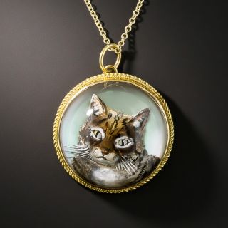 Antique Reverse Crystal Cat Pendant 