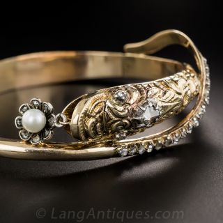 Antique Rose-Cut Diamond and Pearl Snake Bangle Bracelet