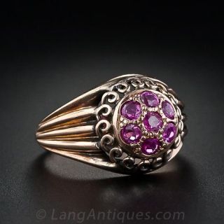 Antique Rose Gold Domed Ruby Cluster Ring