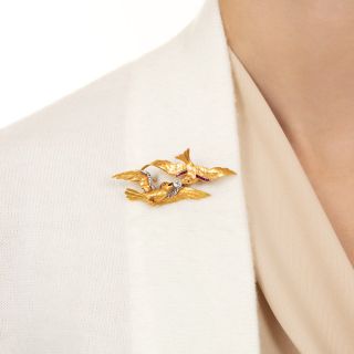 Antique Ruby and Diamond Birds Brooch