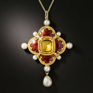 Antique Russian Citrine, Enamel and Pearl Necklace - 2