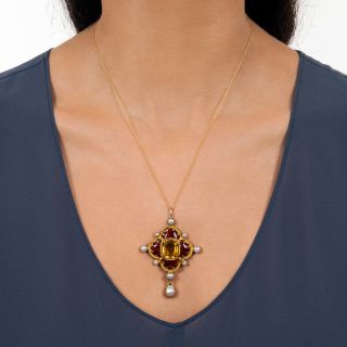 Antique Russian Citrine, Enamel and Pearl Necklace