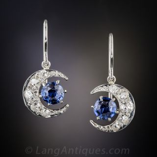 Antique Sapphire and Diamond Crescent Moon Earrings