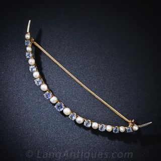 Antique Sapphire and Pearl Crescant Pin