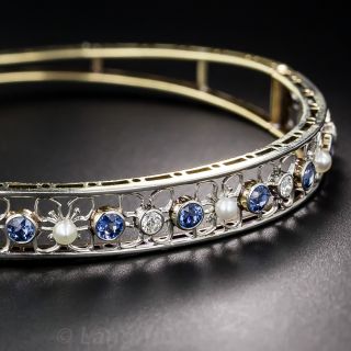 Antique Sapphire, Diamond and Natural Pearl Bangle Bracelet