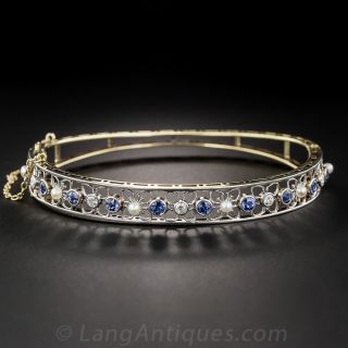 Antique Sapphire, Diamond and Natural Pearl Bangle Bracelet