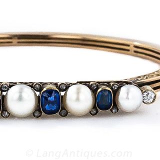 Antique Sapphire, Diamond and Natural Pearl Bangle Bracelet