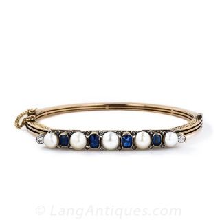 Antique Sapphire, Diamond and Natural Pearl Bangle Bracelet