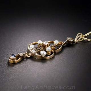 Antique Sapphire Pearl and Diamond Pendant