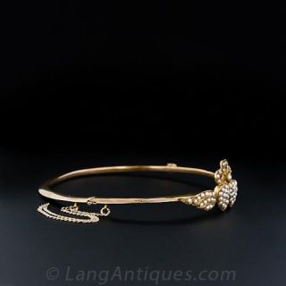Antique Seed Pearl and Diamond Double Hearts and Wings Bangle Bracelet