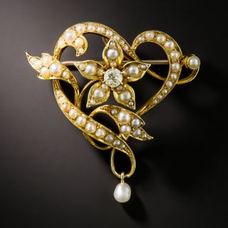 Antique Seed Pearl and Diamond Heart and Flower Pin/Pendant - 1
