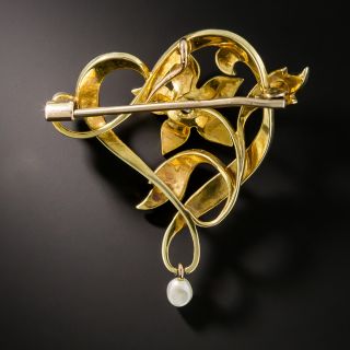 Antique Seed Pearl and Diamond Heart and Flower Pin/Pendant