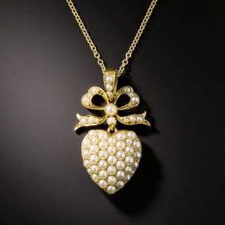 Antique Seed Pearl Puffed Heart Pendant  - 1
