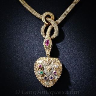 Antique Serpent and Heart Locket Necklace